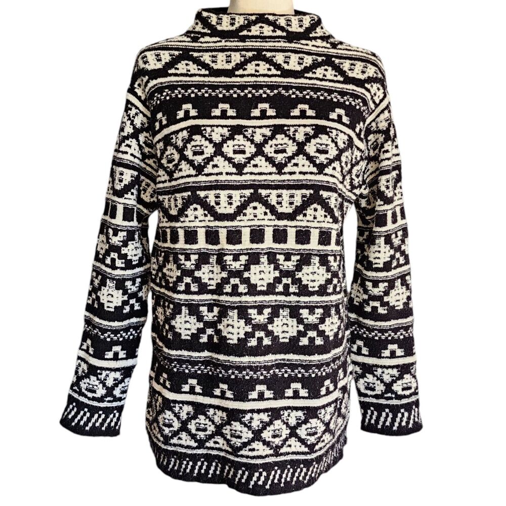 J Jill Womens Cotton Wool Blend Pullover Sweater Black White Mock‎ Neck Size S